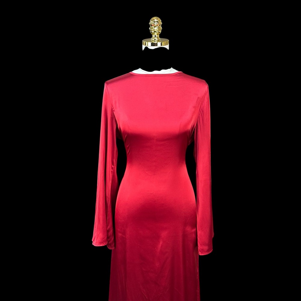 Red Satin Long Sleeve Maxi Dress Lace Up Corset Back Evening Gown Formal - Picture 4 of 9